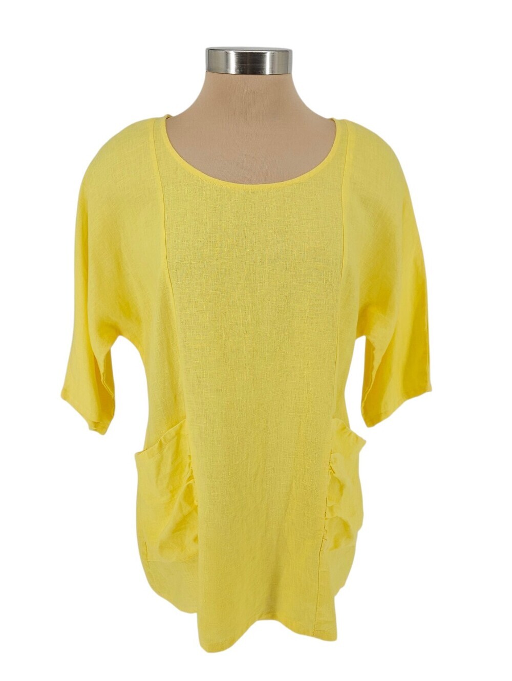 For Cynthia Pocket Tunic Top Linen Beach Yellow 3/4 Sleeve Shirt Medium